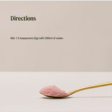 Organic Iron directions graphic above a gold spoon of pink powder: mix 1.5 teaspoons (5 g) with 250 ml of water.