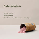 A tipped canister spills pink powder. Text lists 100% daily iron intake from curry leaves, with vitamin C from acerola, baobab, camu camu and Kakadu plum.