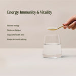 A hand holds a spoon of pale powder above water. The Multivitamin graphic lists boosting energy, reducing fatigue, supporting skin health and keeping immunity strong.