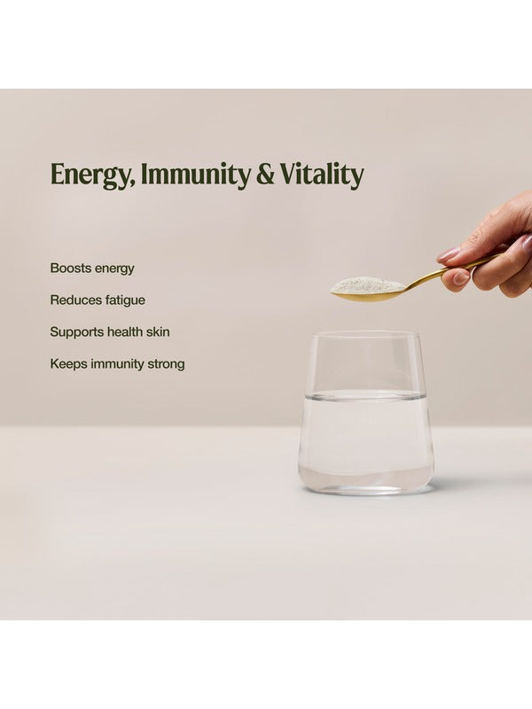 A hand holds a spoon of pale powder above water. The Multivitamin graphic lists boosting energy, reducing fatigue, supporting skin health and keeping immunity strong.