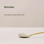 Organic Multivitamin directions graphic above a gold spoon of pale powder: mix 3 teaspoons (10 g) with 250 ml of water.