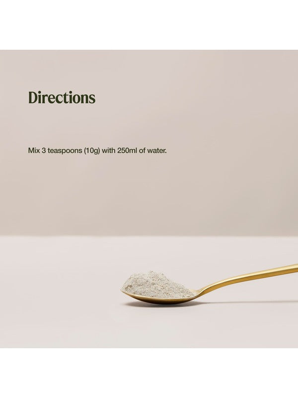 Organic Multivitamin directions graphic above a gold spoon of pale powder: mix 3 teaspoons (10 g) with 250 ml of water.