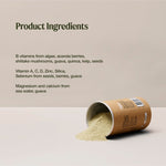 A tipped canister spills pale powder. Text lists B vitamins from algae, acerola, shiitake, guava, quinoa, kelp and seeds; vitamins A, C and D, zinc, silica and selenium; and magnesium and calcium.