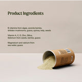 A tipped canister spills pale powder. Text lists B vitamins from algae, acerola, shiitake, guava, quinoa, kelp and seeds; vitamins A, C and D, zinc, silica and selenium; and magnesium and calcium.
