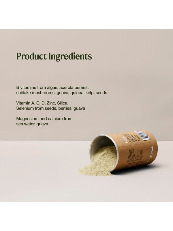 A tipped canister spills pale powder. Text lists B vitamins from algae, acerola, shiitake, guava, quinoa, kelp and seeds; vitamins A, C and D, zinc, silica and selenium; and magnesium and calcium.