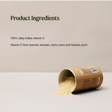 Pale yellow Amazonia Vitamin C powder spills from a brown cardboard canister. The ingredient graphic states 100% daily intake of vitamin C from acerola, baobab, camu camu and Kakadu plum.
