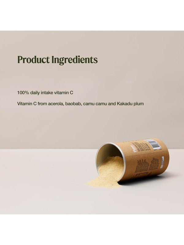 Pale yellow Amazonia Vitamin C powder spills from a brown cardboard canister. The ingredient graphic states 100% daily intake of vitamin C from acerola, baobab, camu camu and Kakadu plum.