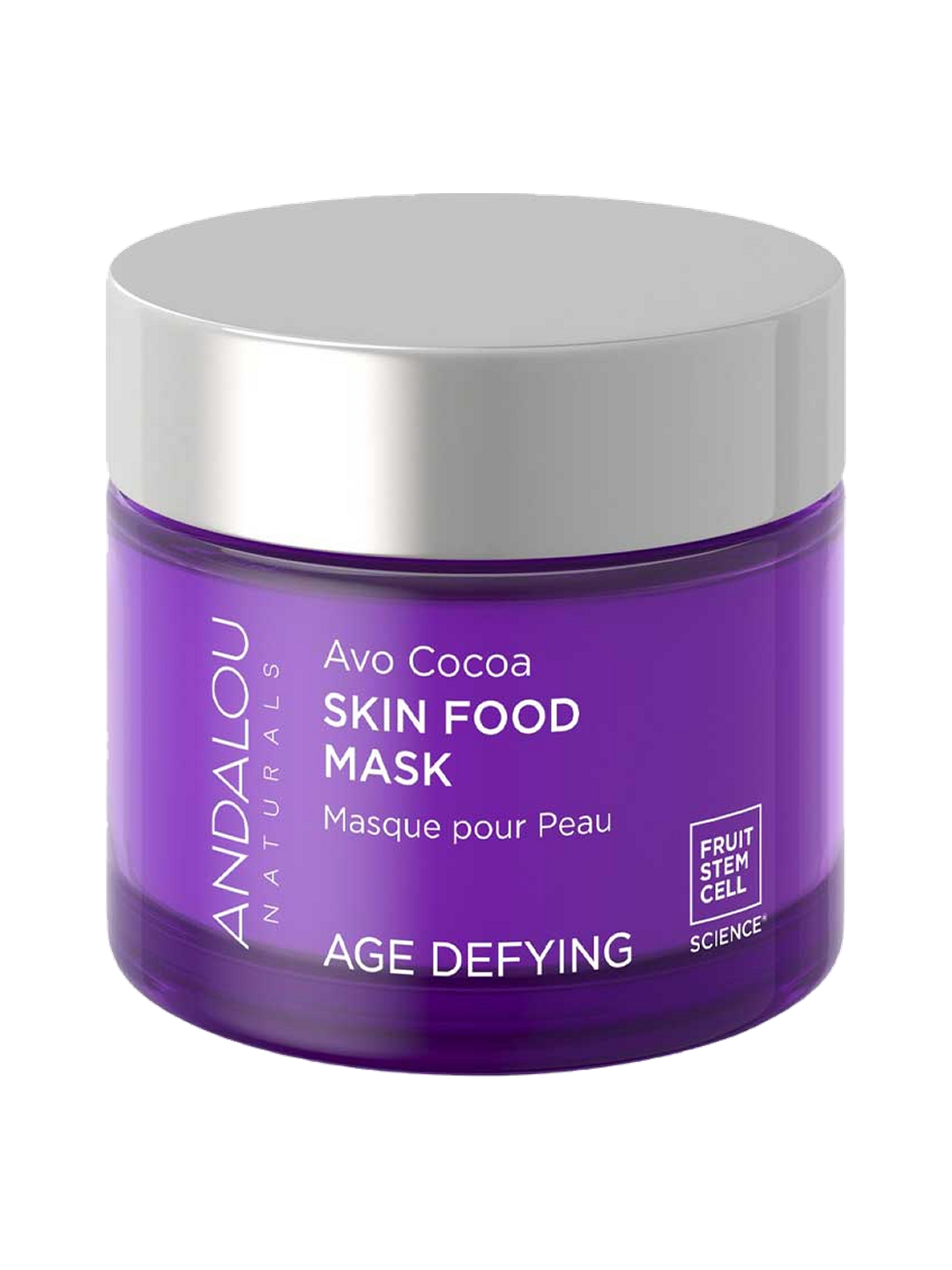 Andalou Age Defying Avo Cocoa Skin Food Mask in a translucent purple jar with white lettering and a wide silver lid, on white.