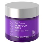Andalou Age Defying Avo Cocoa Skin Food Mask in a translucent purple jar with white lettering and a wide silver lid, on white.