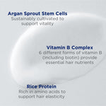 A white cream smear behind three Andalou Argan Stem Cell ingredient callouts: sustainably cultivated argan sprout stem cells for vitality; six forms of vitamin B, including biotin, for hair nutrients; and amino-acid-rich rice protein for hair elasticity.