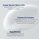 A white cream smear behind three Andalou Argan Stem Cell ingredient callouts: sustainably cultivated argan sprout stem cells for vitality; six forms of vitamin B, including biotin, for hair nutrients; and amino-acid-rich rice protein for hair elasticity.