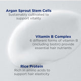 A white cream smear behind three Andalou Argan Stem Cell ingredient callouts: sustainably cultivated argan sprout stem cells for vitality; six forms of vitamin B, including biotin, for hair nutrients; and amino-acid-rich rice protein for hair elasticity.