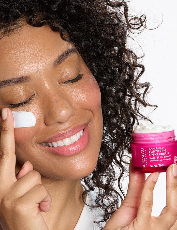 Andalou 1000 Roses Fortifying Night Cream applied to the face
