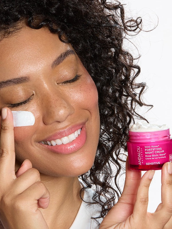 Andalou 1000 Roses Fortifying Night Cream applied to the face