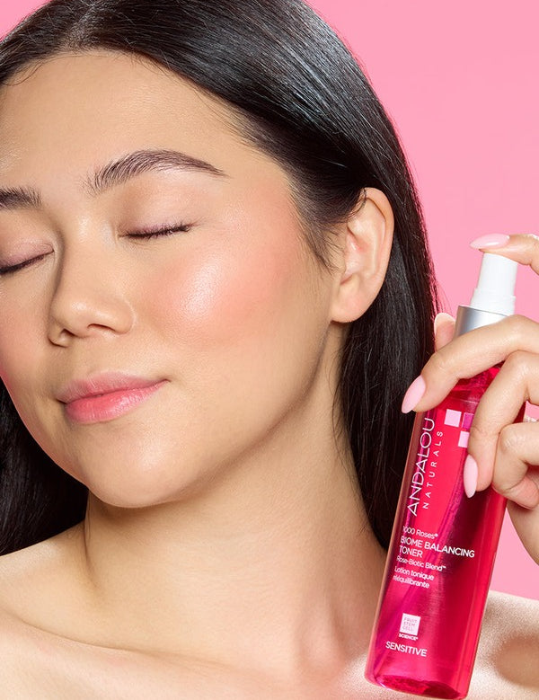 Andalou 1000 Roses Biome Balancing Toner applied to the face