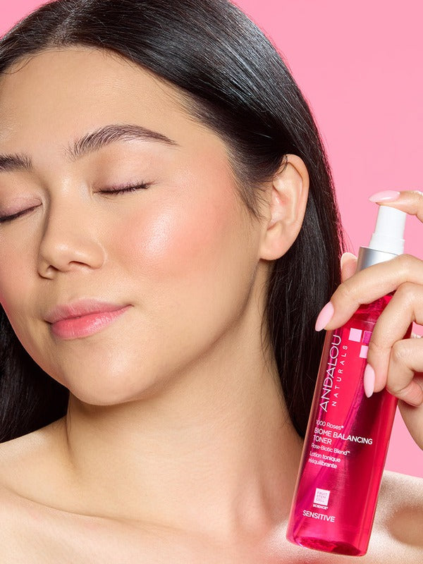 Andalou 1000 Roses Biome Balancing Toner applied to the face