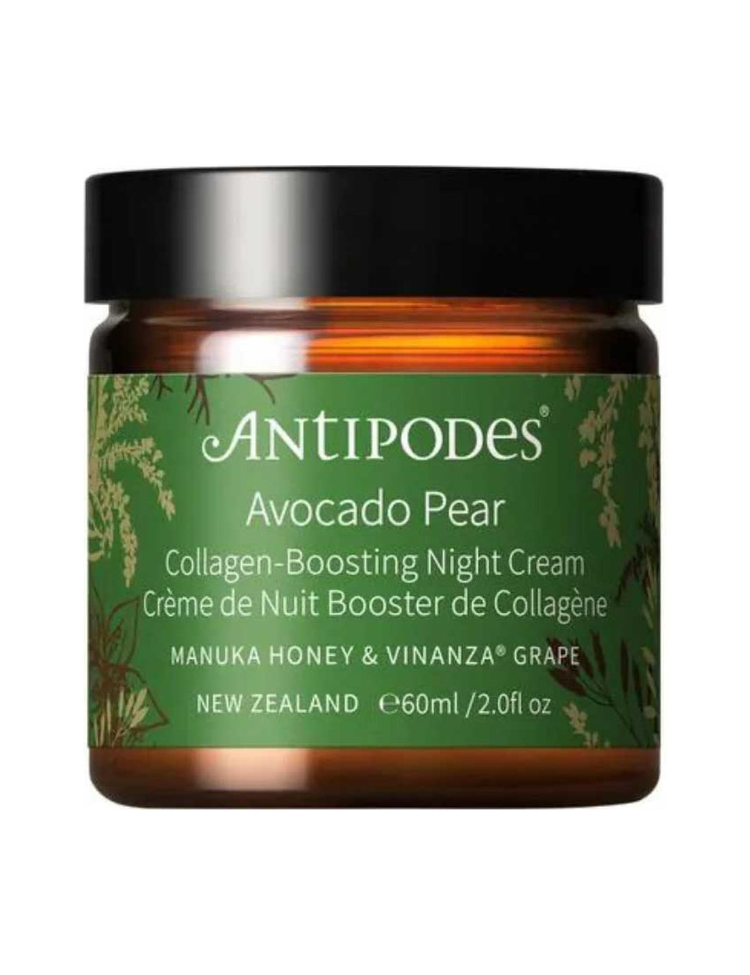 Antipodes Avocado Pear Collagen-Boosting Night Cream with the lid closed on a white background.