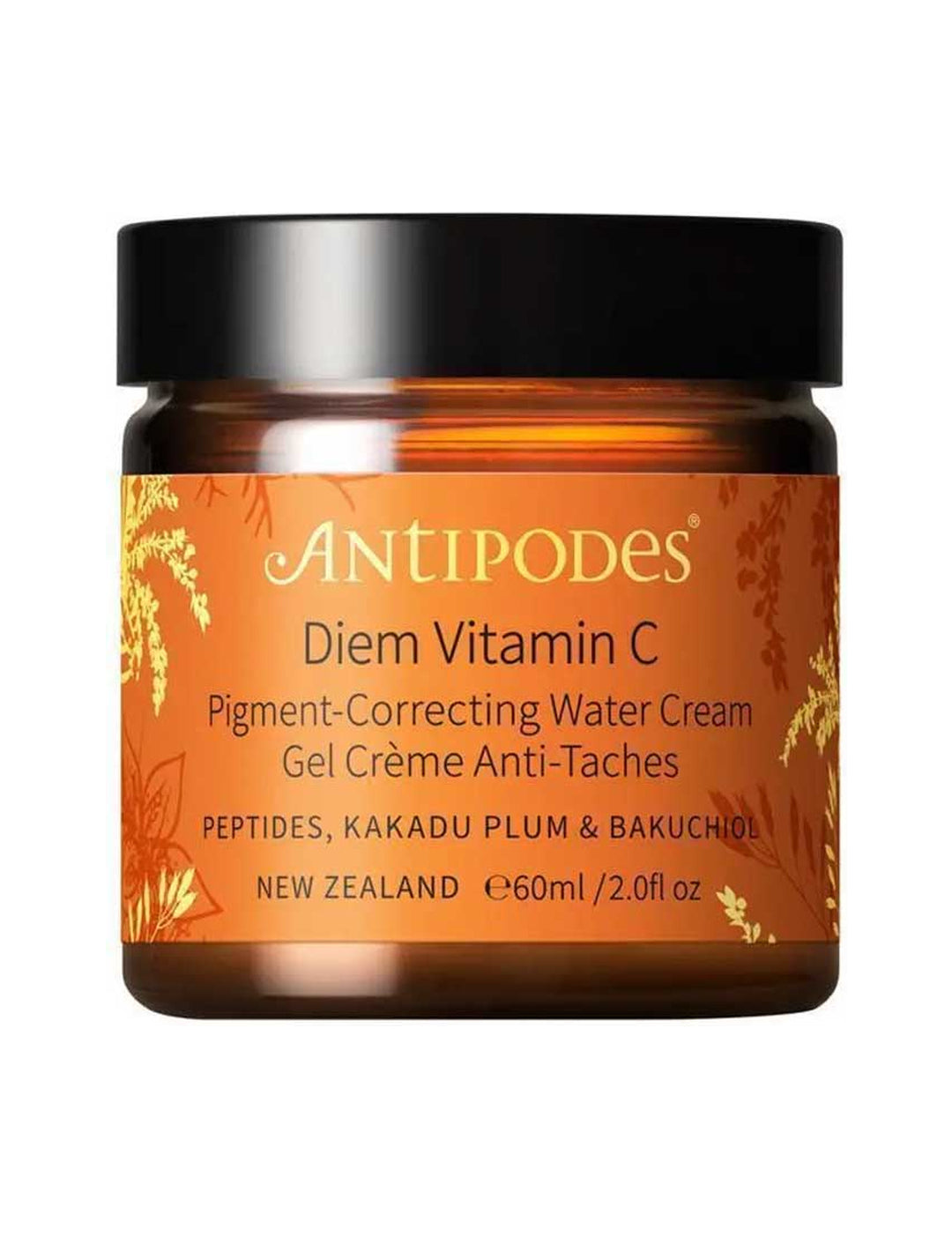 Antipodes Diem Vitamin C Pigment-Correcting Water Cream with the lid closed on a white background.