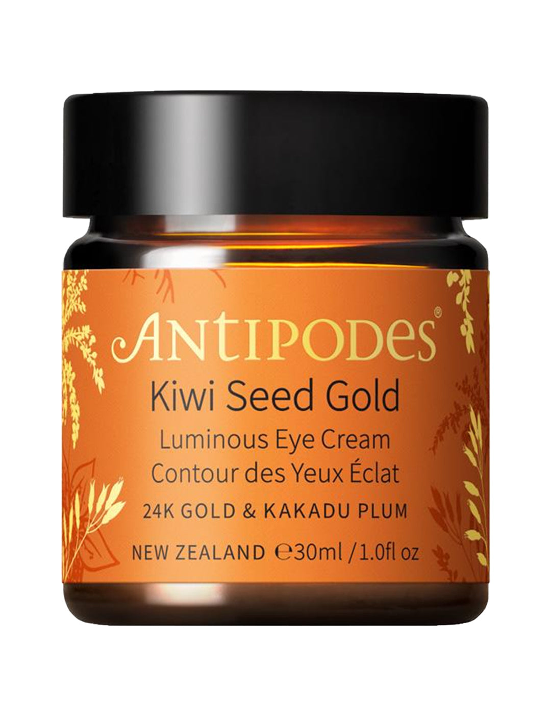 Antipodes Kiwi Seed Gold Luminous Eye Cream with the lid closed on a white background.