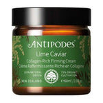 Antipodes Lime Caviar Collagen-Rich Firming Cream with the lid closed on a white background.