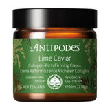 Antipodes Lime Caviar Collagen-Rich Firming Cream with the lid closed on a white background.