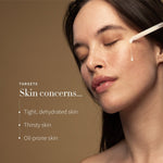 Model applying Antipodes Maya Hyaluronic Serum with text listing tight, dehydrated, thirsty and oil-prone skin concerns.