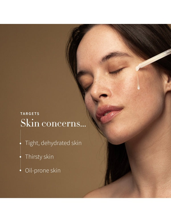 Model applying Antipodes Maya Hyaluronic Serum with text listing tight, dehydrated, thirsty and oil-prone skin concerns.