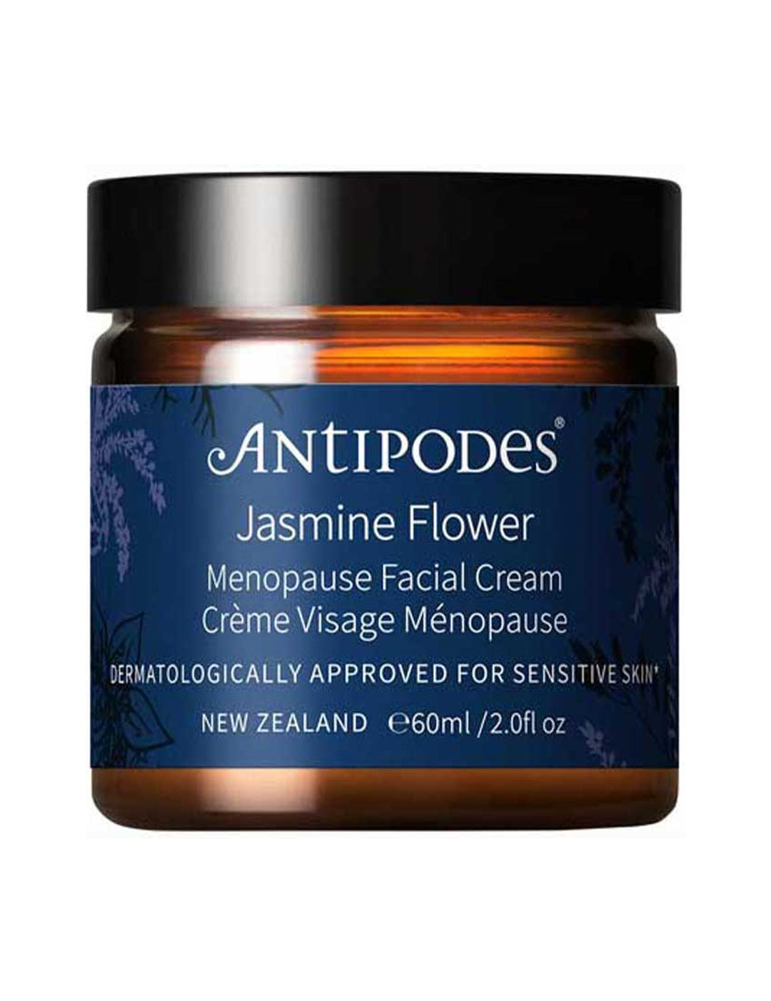 Antipodes Jasmine Flower Menopause Facial Cream with the lid closed on a white background.