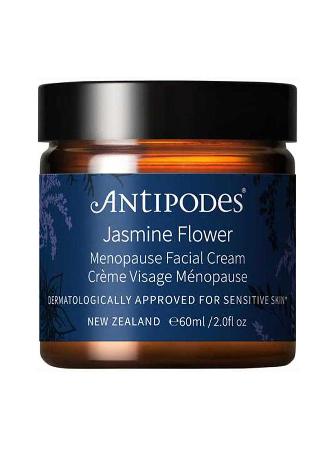 Antipodes Jasmine Flower Menopause Facial Cream with the lid closed on a white background.