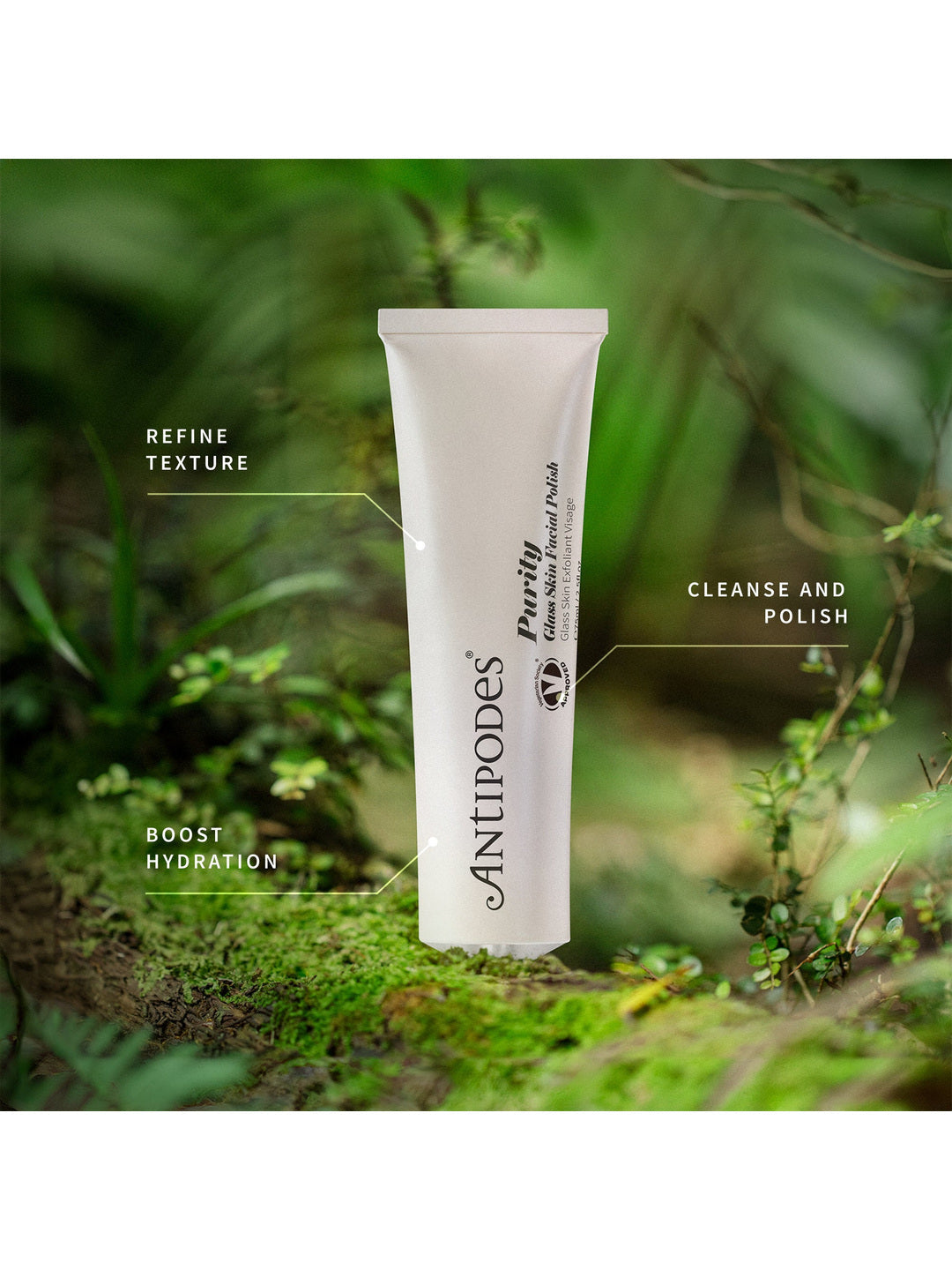 Antipodes Purity Glass Skin Facial Polish tube among green botanicals