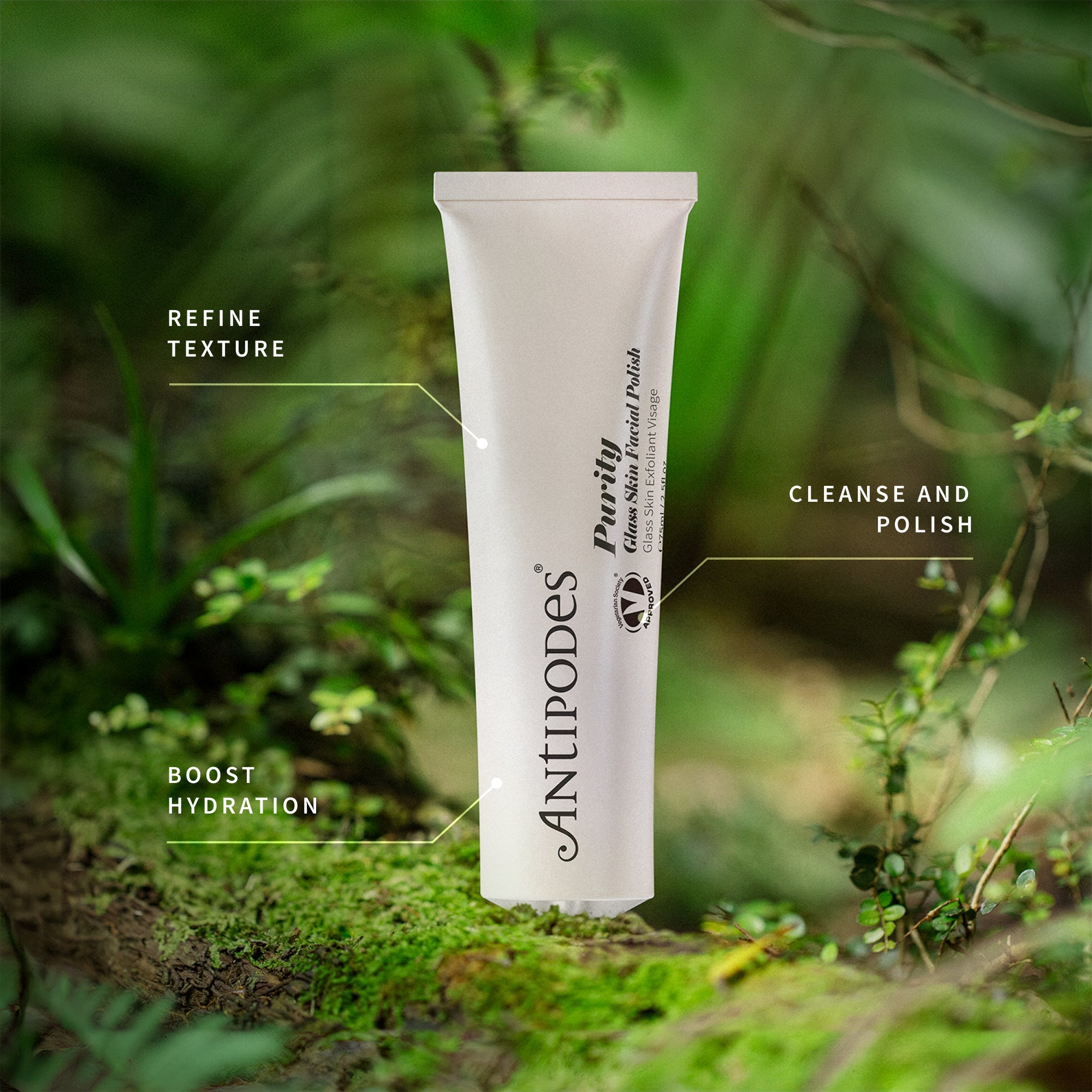 Antipodes Purity Glass Skin Facial Polish tube among green botanicals
