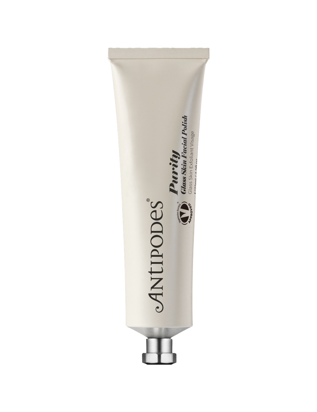 Antipodes Purity Glass Skin Facial Polish in a pale silver squeeze tube with vertical black lettering and a small silver cap, standing on white.