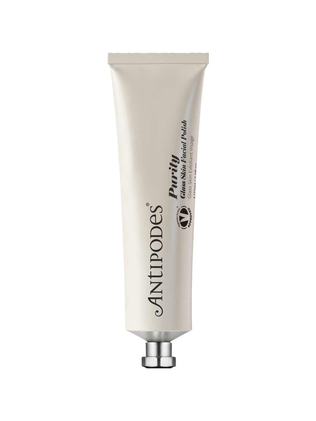 Antipodes Purity Glass Skin Facial Polish in a pale silver squeeze tube with vertical black lettering and a small silver cap, standing on white.