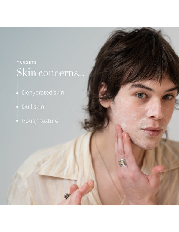 Model using Antipodes Purity Glass Skin Facial Polish with text listing dehydrated, dull and rough skin concerns.