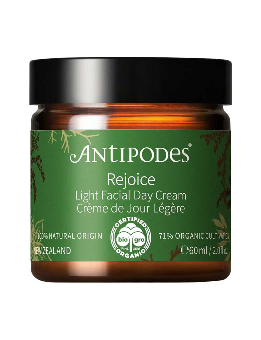 Antipodes Rejoice Light Facial Day Cream with the lid closed on a white background.