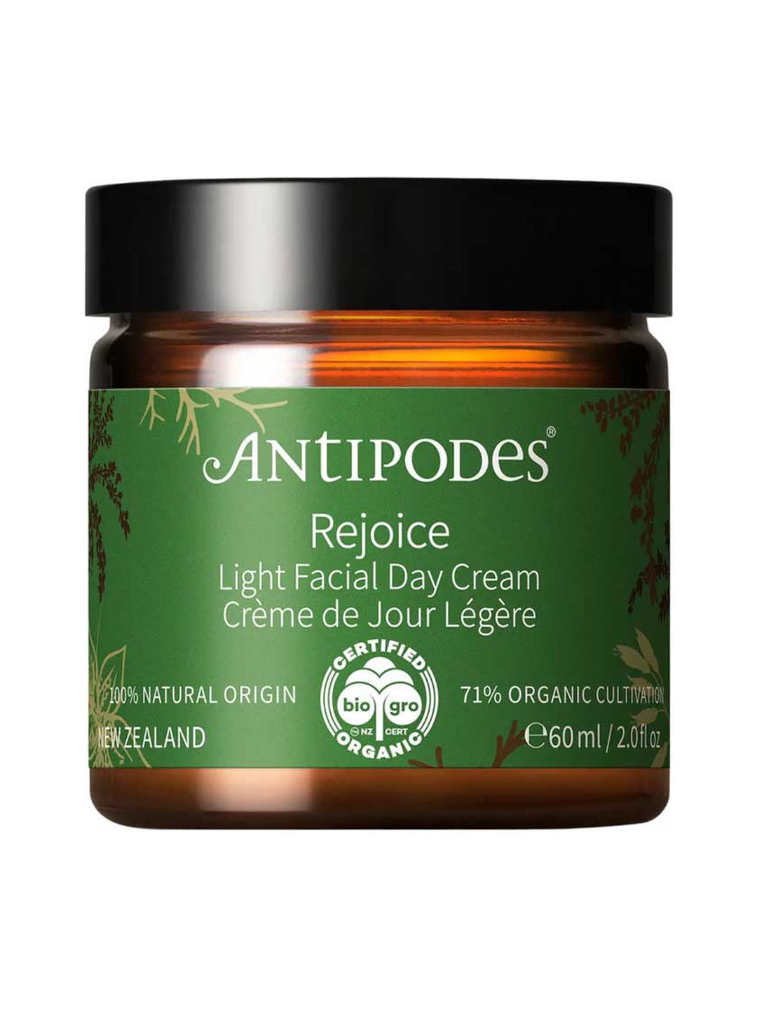 Antipodes Rejoice Light Facial Day Cream with the lid closed on a white background.