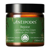 Antipodes Rejoice Light Facial Day Cream with the lid closed on a white background.
