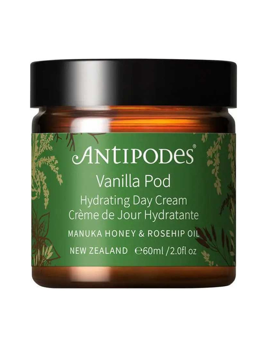 Antipodes Vanilla Pod Hydrating Day Cream with the lid closed on a white background.