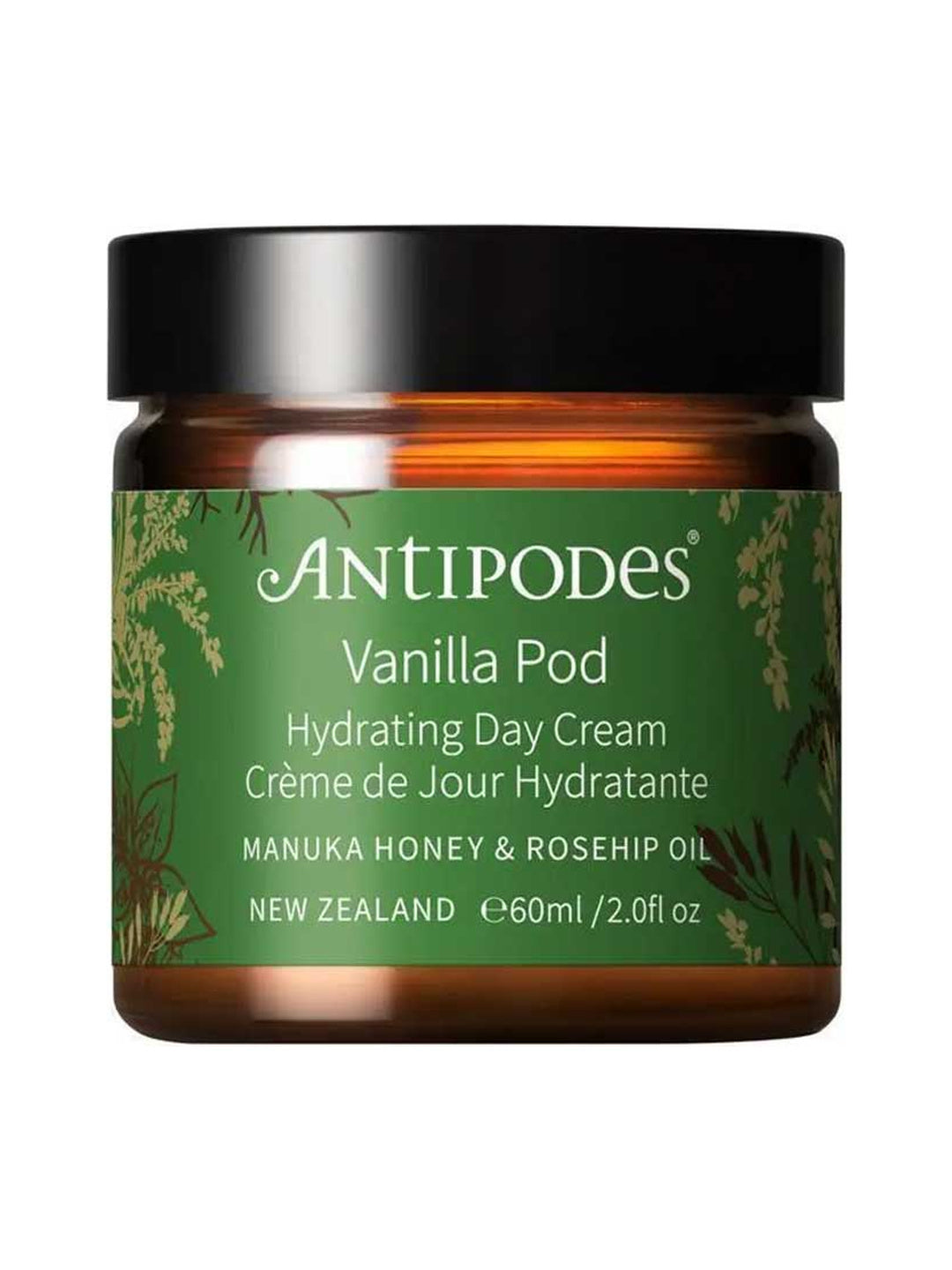 Antipodes Vanilla Pod Hydrating Day Cream with the lid closed on a white background.