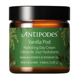 Antipodes Vanilla Pod Hydrating Day Cream with the lid closed on a white background.