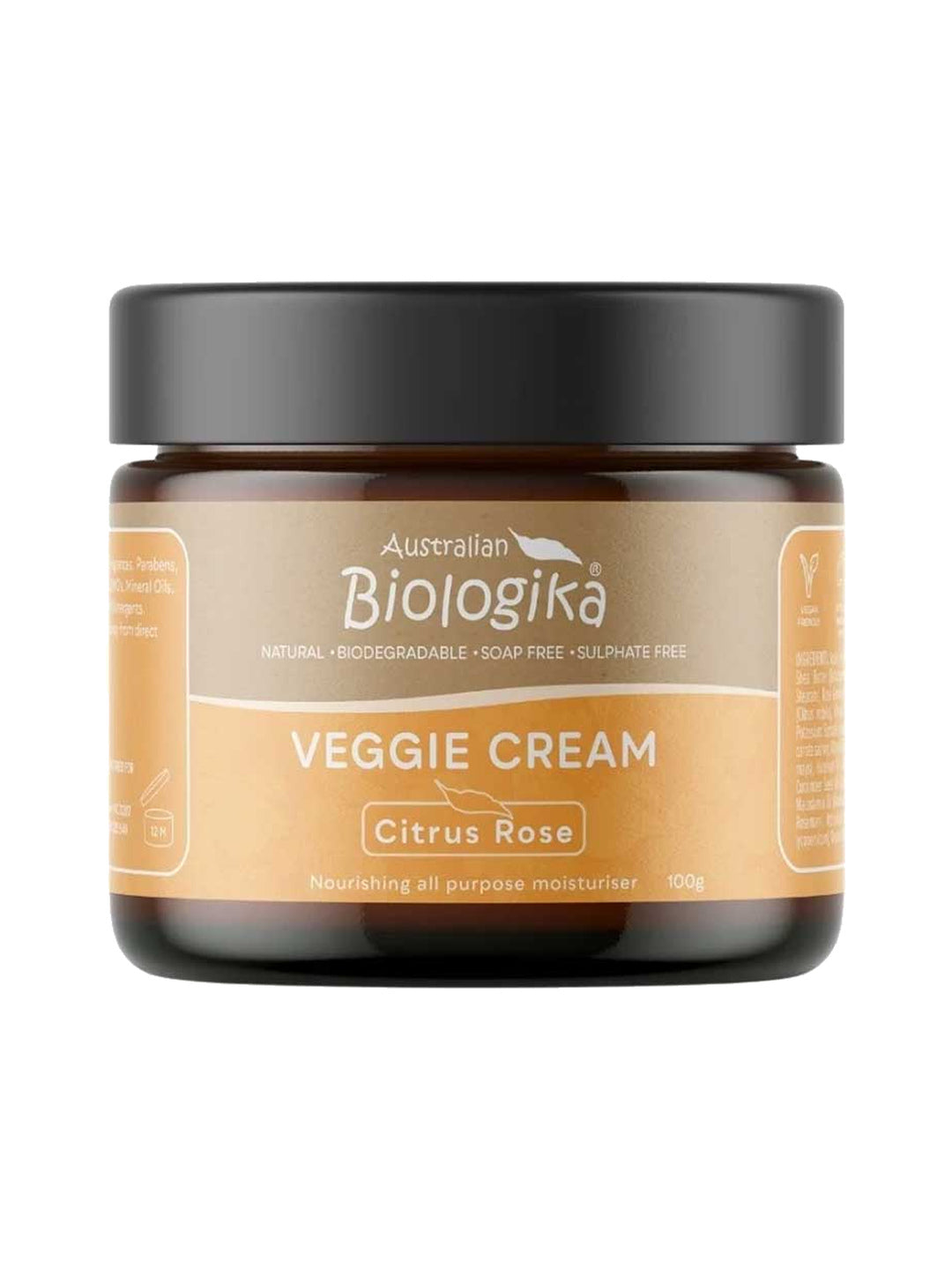 Australian Biologika Citrus Rose & Geranium Veggie Cream in a squat amber-brown jar with a wide black lid and a tan and peach-orange label.