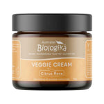 Australian Biologika Citrus Rose & Geranium Veggie Cream in a squat amber-brown jar with a wide black lid and a tan and peach-orange label.