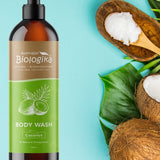 Australian Biologika Body Wash Coconut 500ml — coconut body wash styled with coconuts