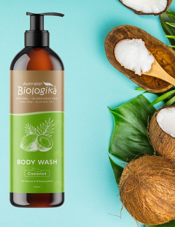 Australian Biologika Body Wash Coconut 500ml — coconut body wash styled with coconuts
