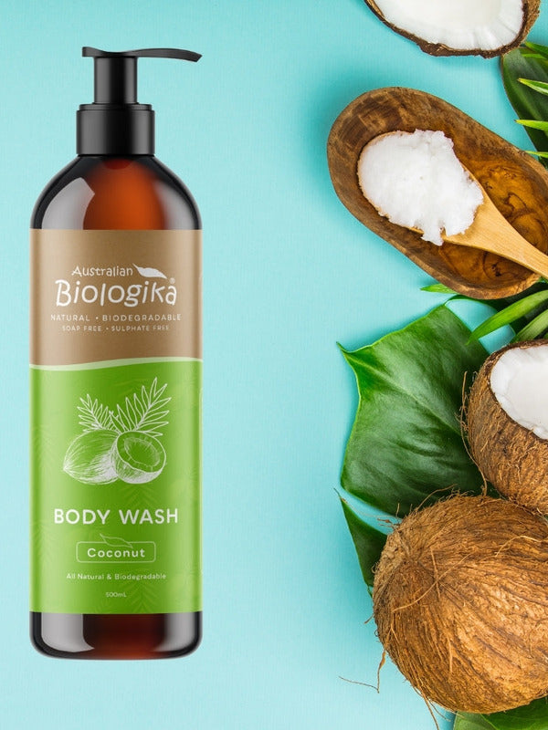 Australian Biologika Body Wash Coconut 500ml — coconut body wash styled with coconuts