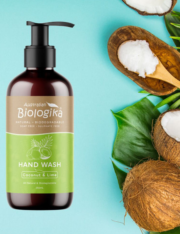 Australian Biologika Coconut & Lime Hand Wash 250ml — coconut and lime hand wash styled with coconuts