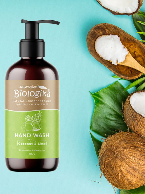 Australian Biologika Coconut & Lime Hand Wash 250ml — coconut and lime hand wash styled with coconuts