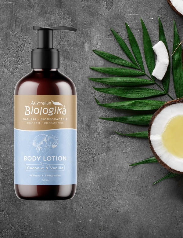 Australian Biologika Coconut & Vanilla Body Lotion 250ml — coconut and vanilla body lotion styled with coconuts