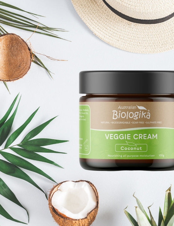 Australian Biologika Coconut Veggie Cream 100g — coconut veggie cream styled with coconuts