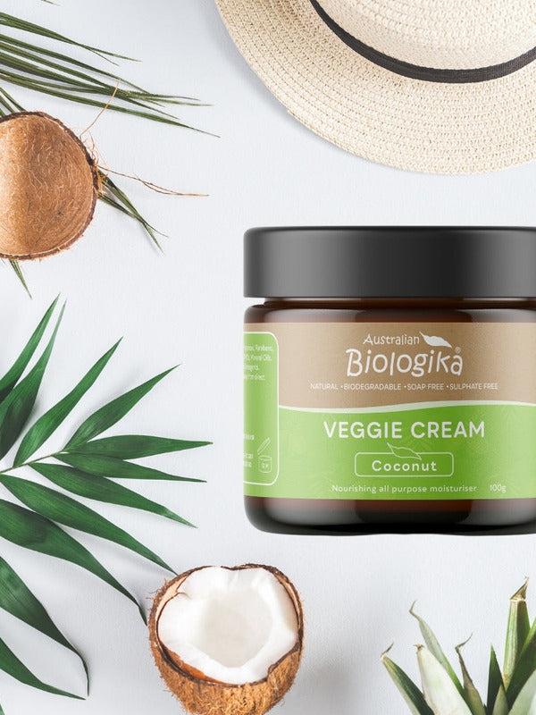 Australian Biologika Coconut Veggie Cream 100g — coconut veggie cream styled with coconuts